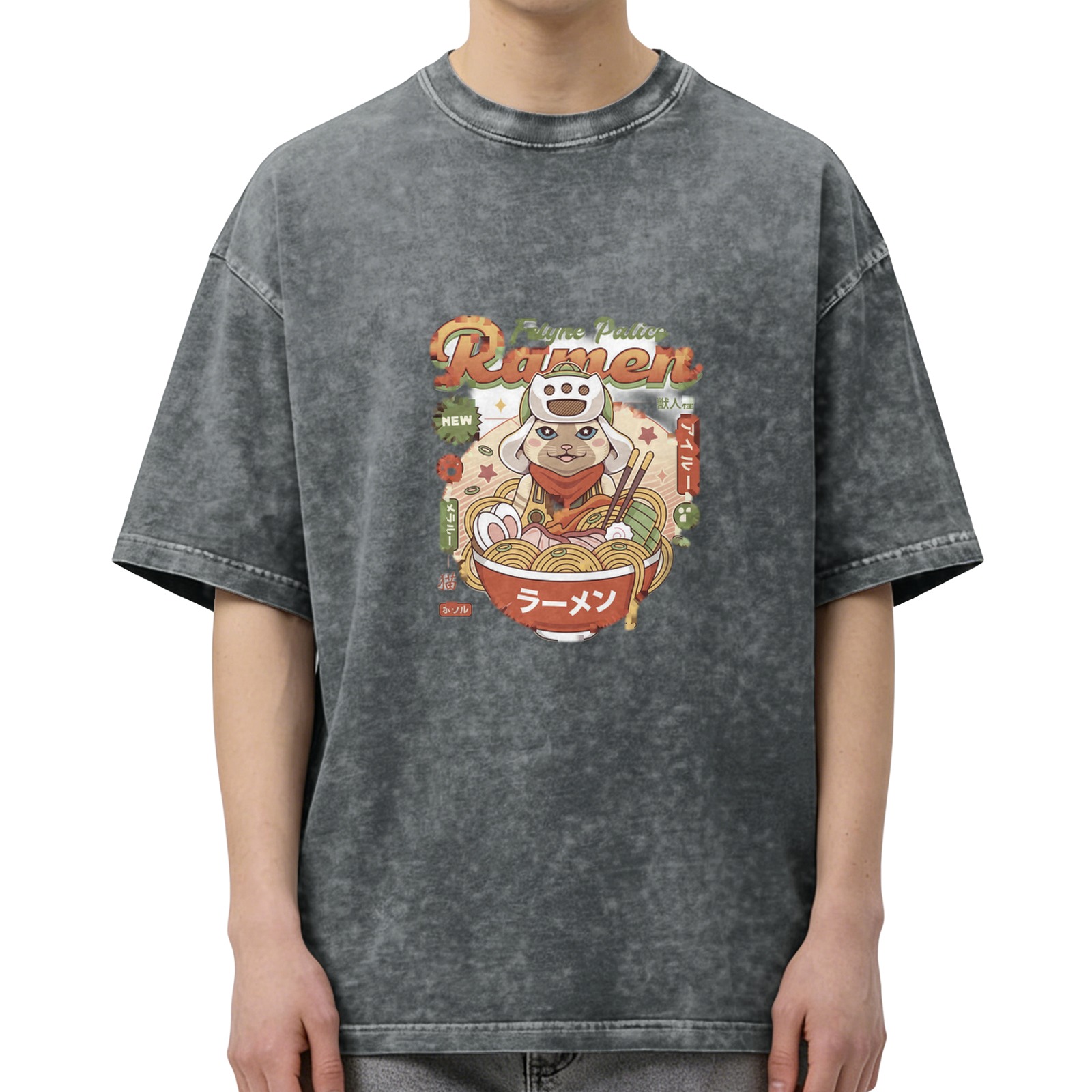 Oversized Acid Wash T-Shirt With Anime Ramen Cat Graphic