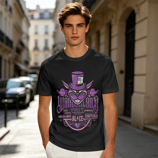 Olive T-Shirt with Wonderland Cheshire Cat Mad Hatter Print