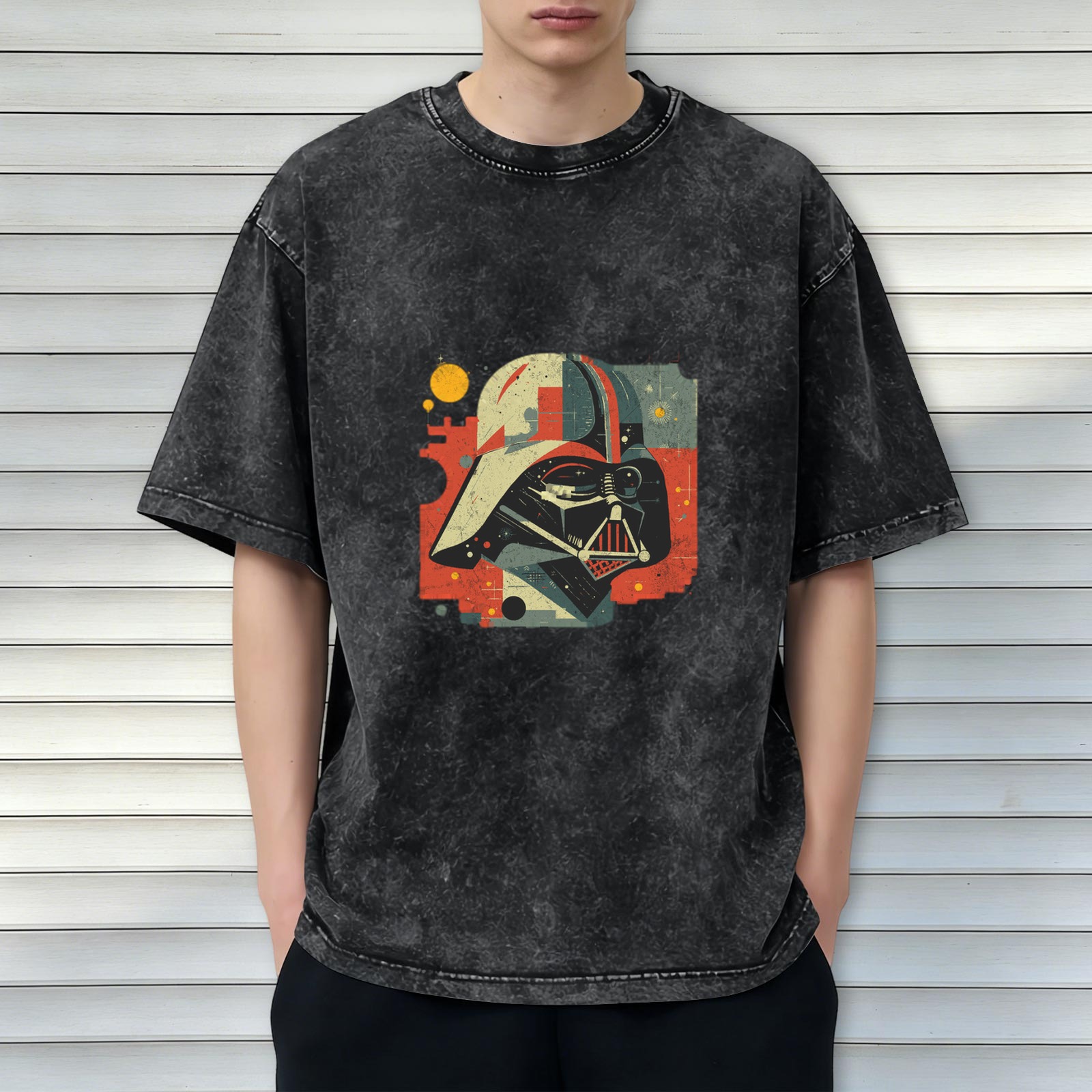 Washed Black T-Shirt with Retro Darth Vader Graphic