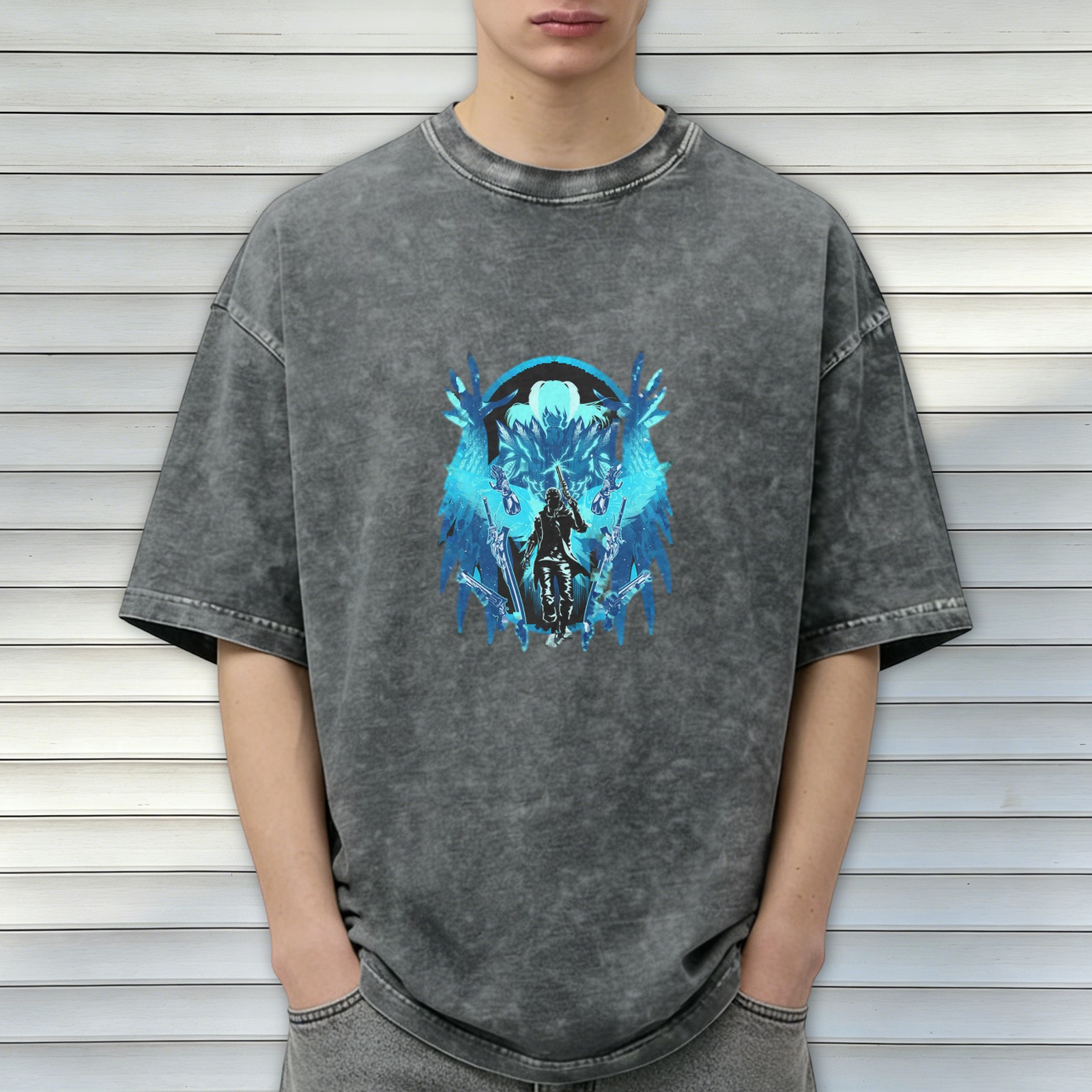 Washed Black Graphic T-Shirt With Blue Fantasy Winged Warrior Design