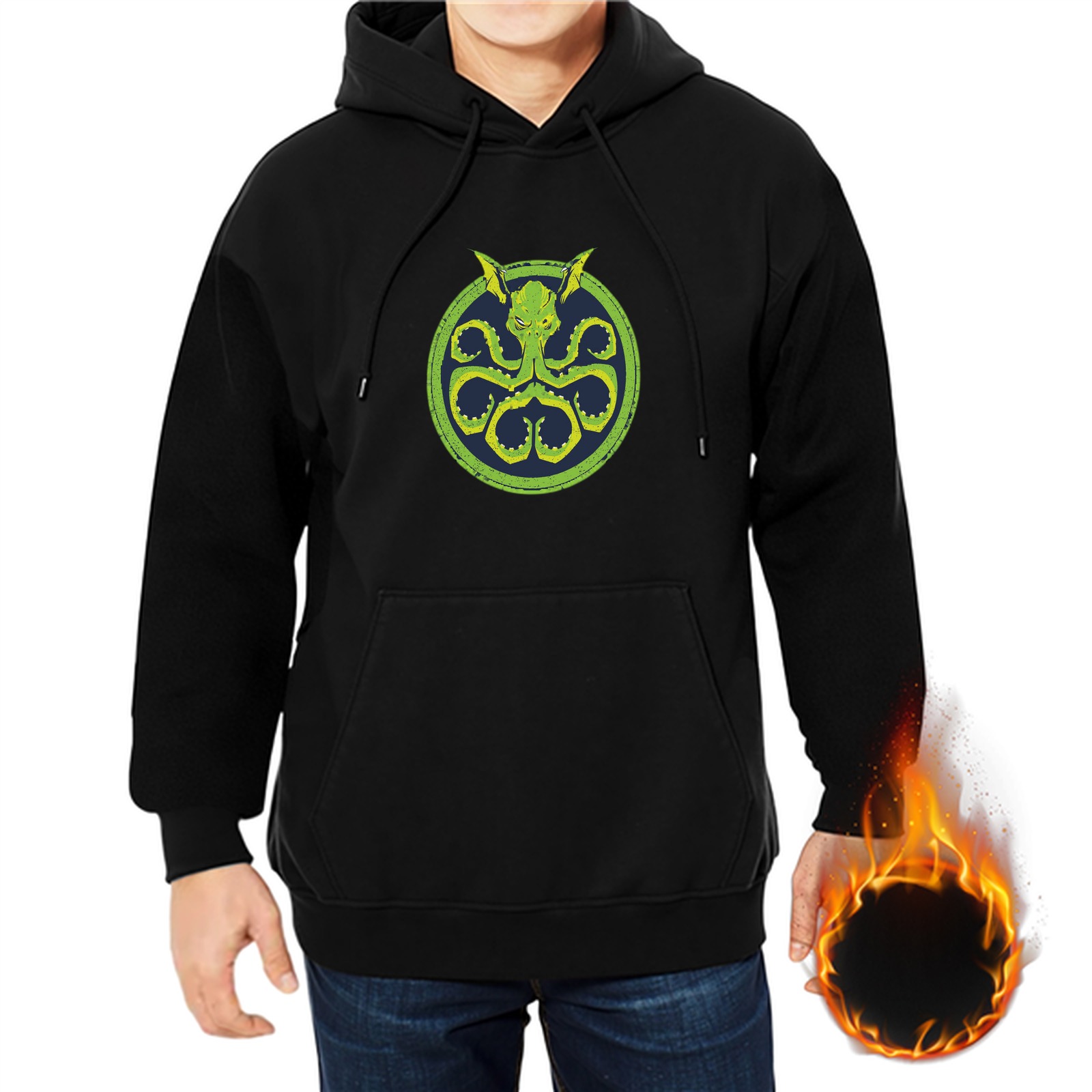 Black Hoodie With Green Octopus Emblem Graphic