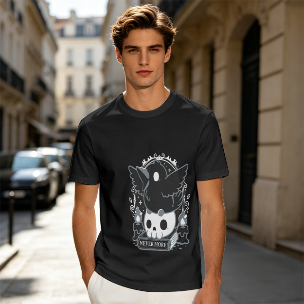 Olive Graphic T-Shirt With Raven Skull Nevermore Print