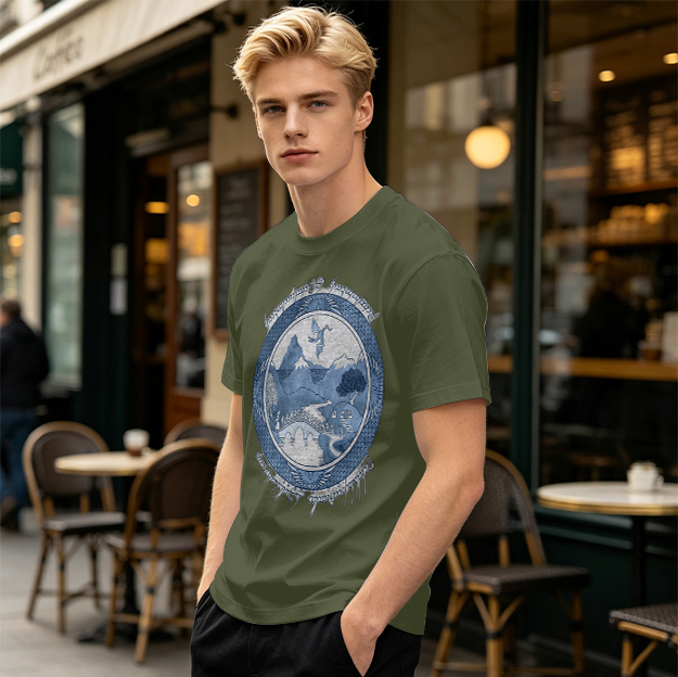 Olive T-Shirt With Fantasy Mountain Landscape Dragon Print