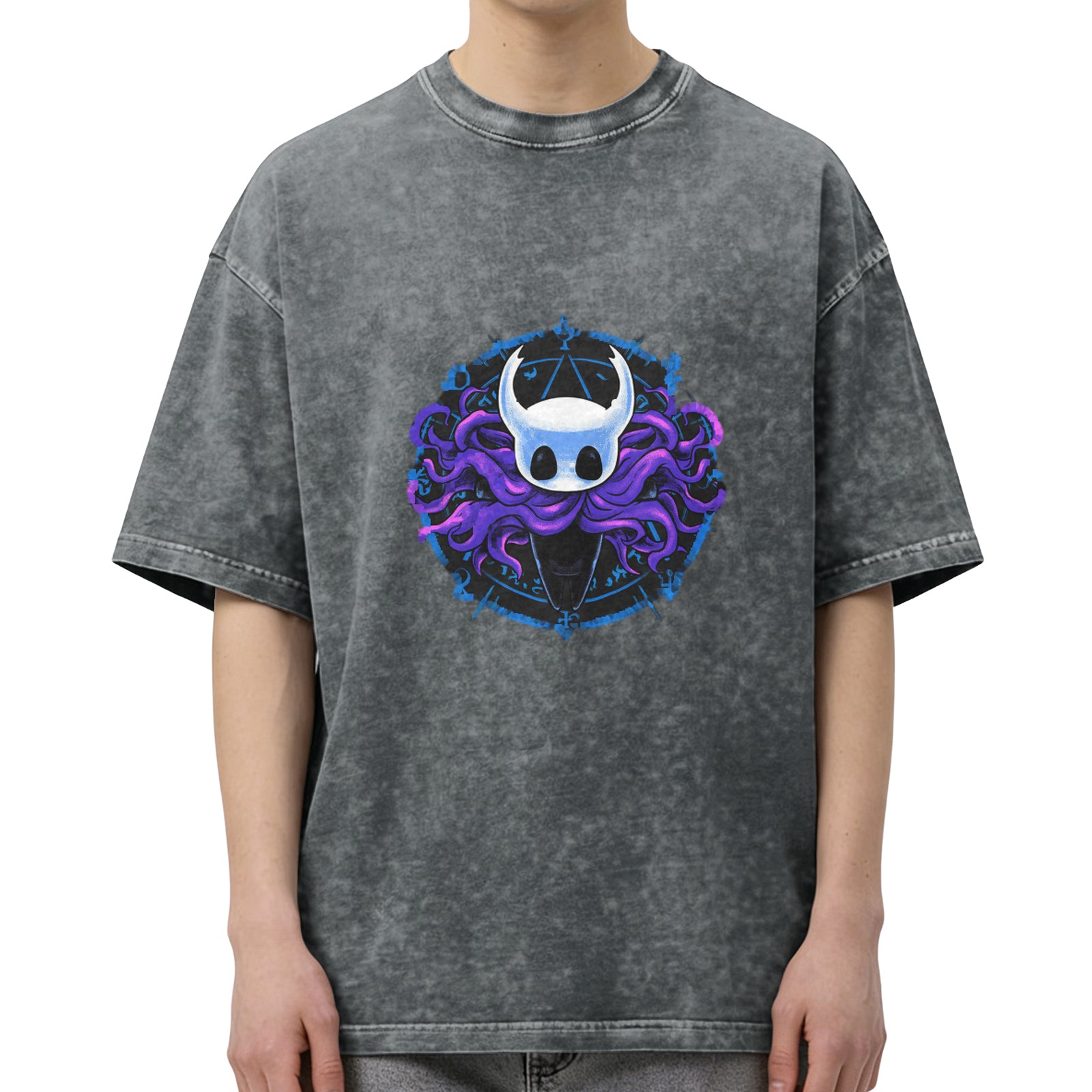 Oversized Dark Wash T-Shirt With Hollow Knight Tentacle Graphic Print