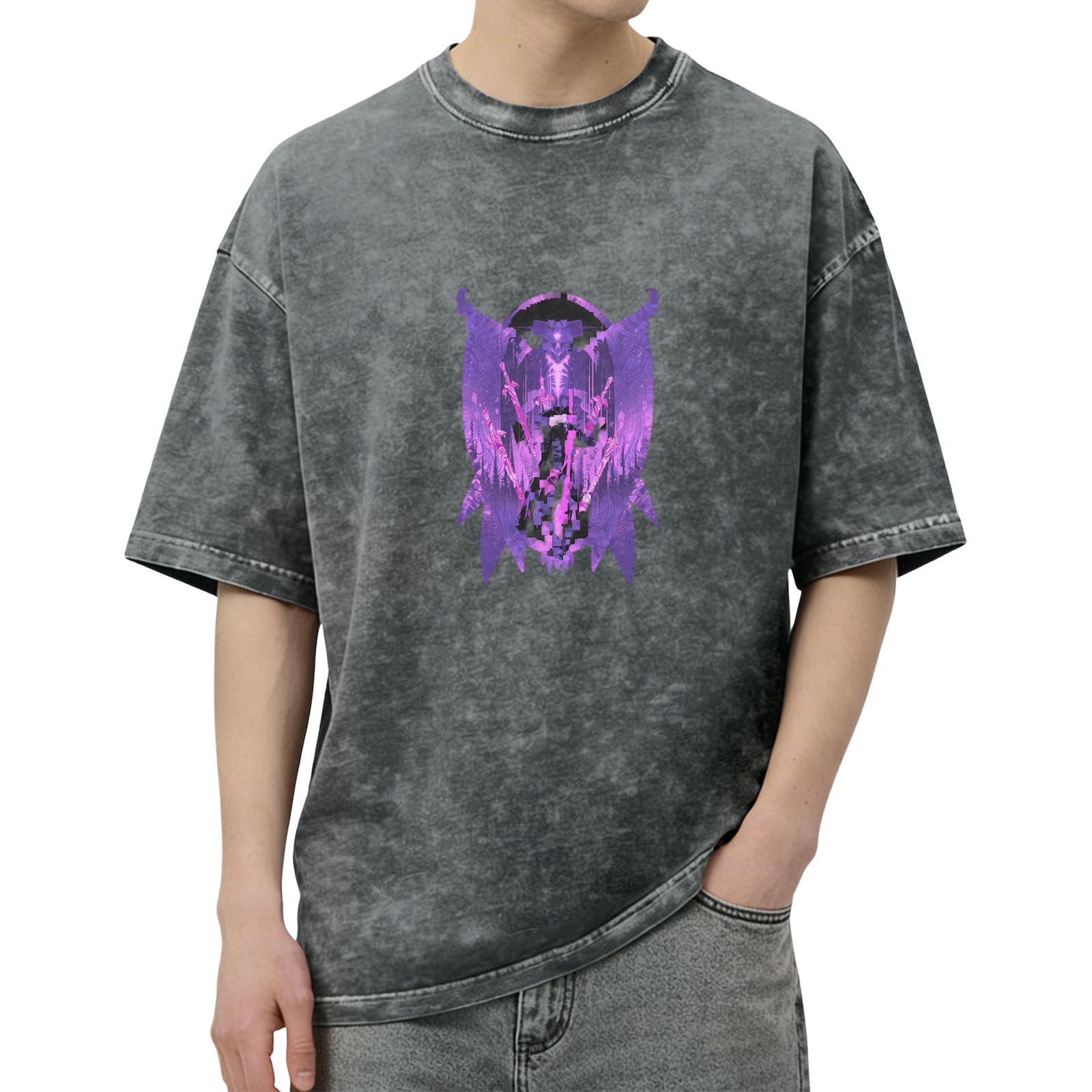 Washed Black T-Shirt With Purple Dark Angel Graphic Print