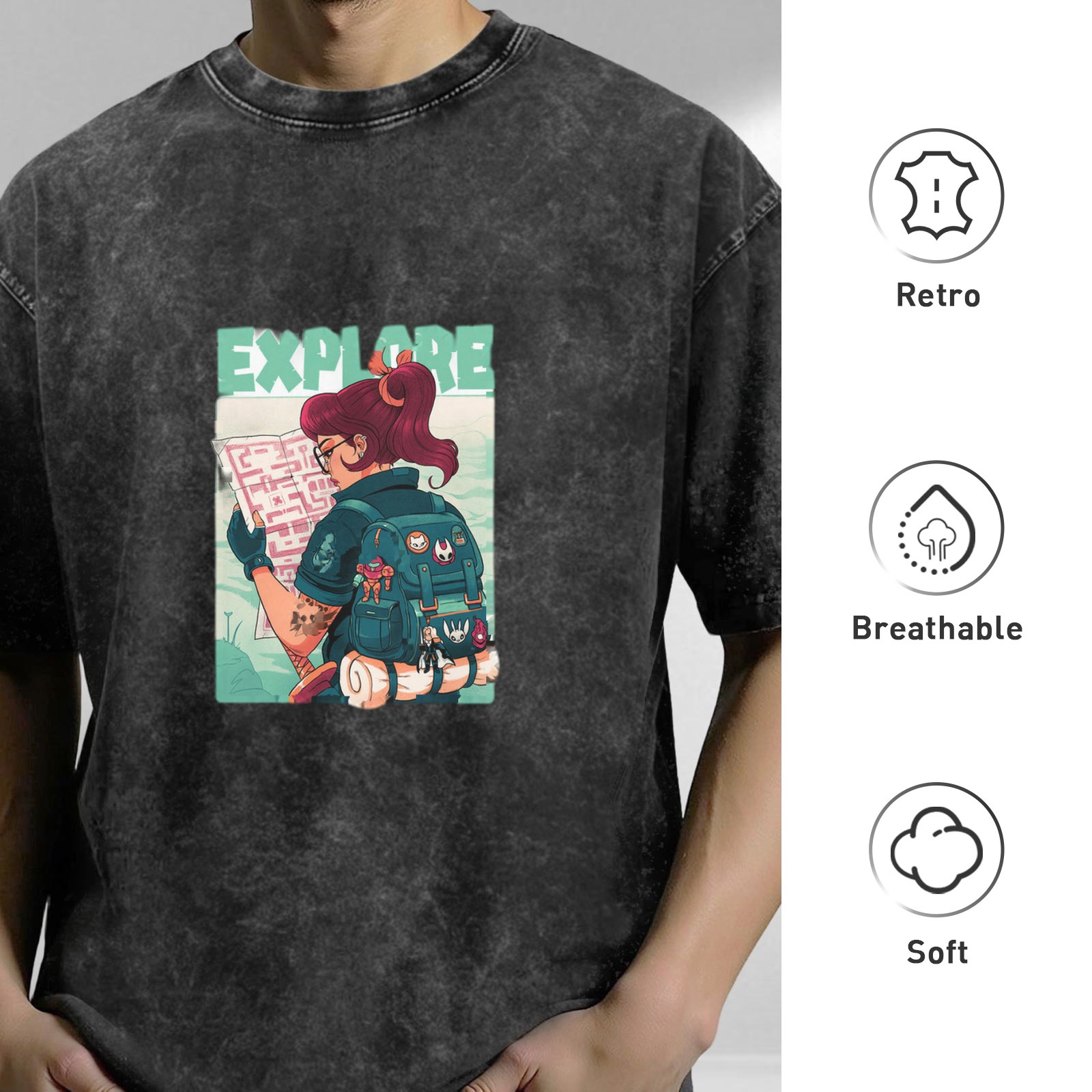 Oversized dark wash graphic tee with explore-themed adventurer print