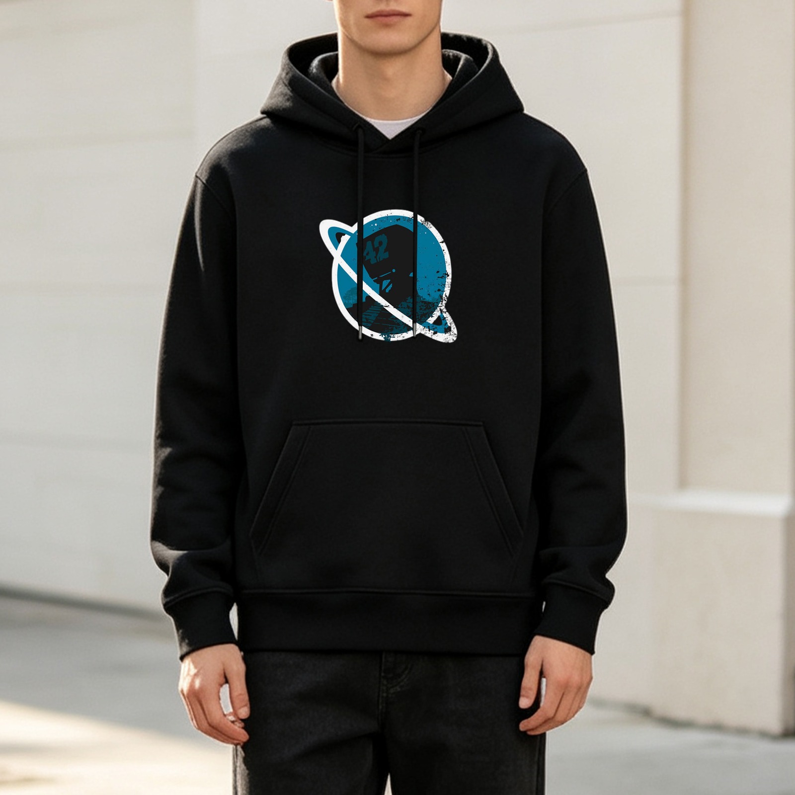 Black Hoodie with Distressed Space Astronaut Planet Graphic