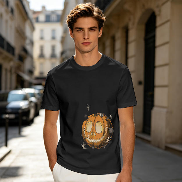 Olive Green T-Shirt With Spooky Halloween Pumpkin Ghost Print