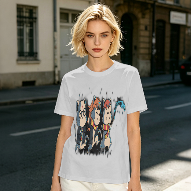 Olive T-Shirt With Harry Potter Themed Cat Trio Print