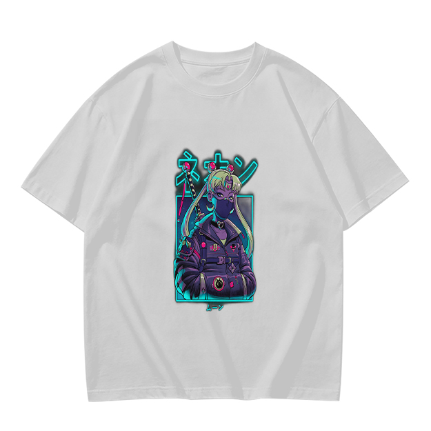 Olive T-shirt with cyberpunk anime character graphic