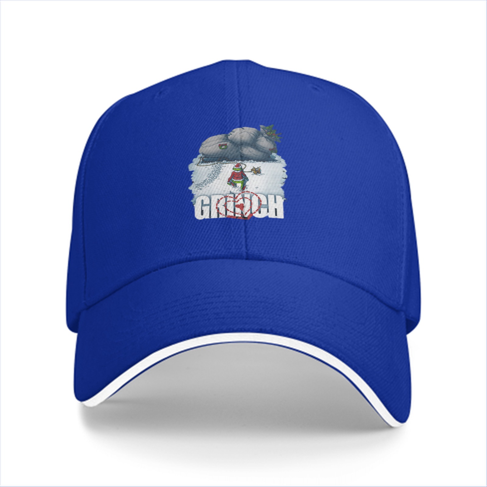 Black Baseball Cap With Grinch Winter Sleigh Graphic Design