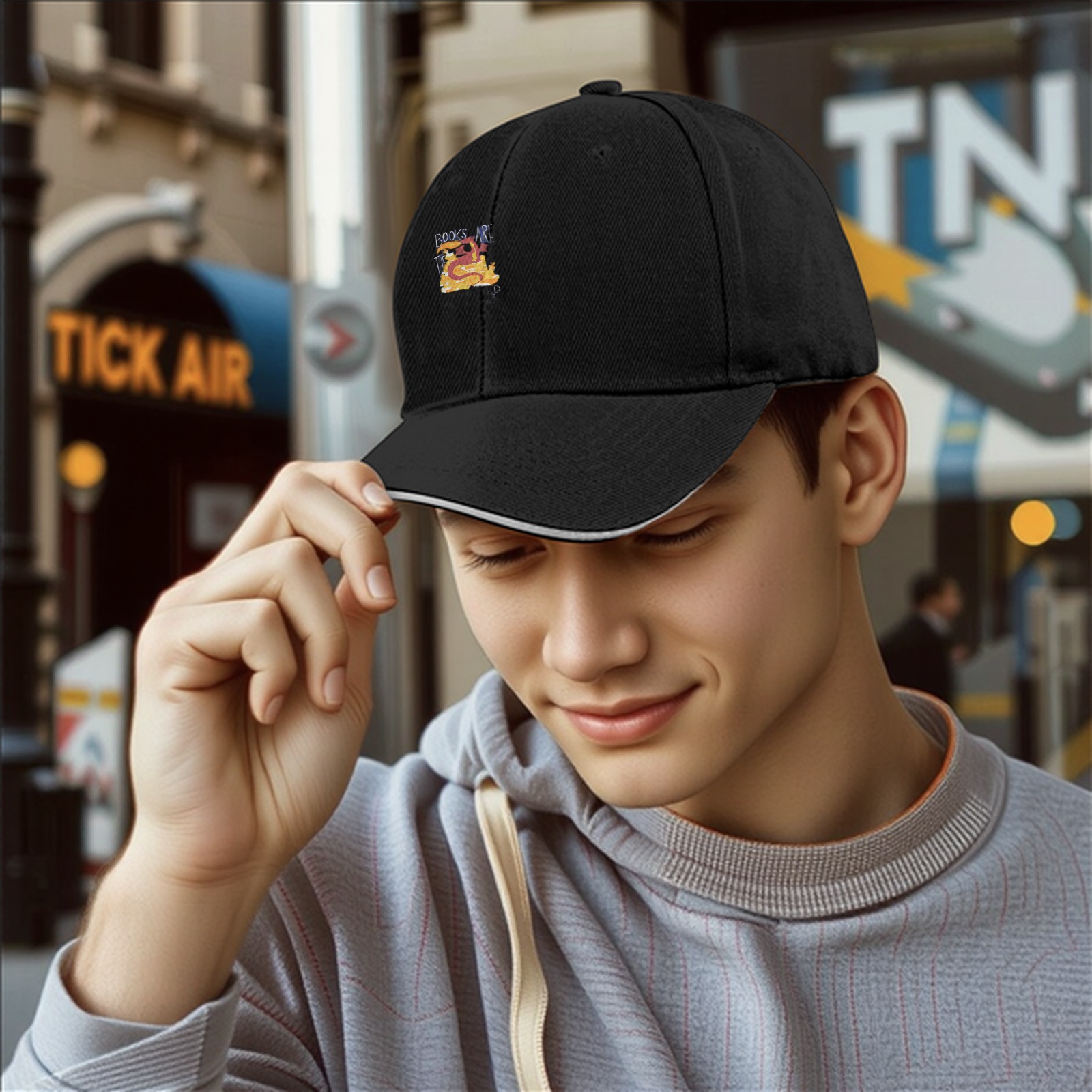 Black baseball cap with 'Books Are Treasure' dragon graphic