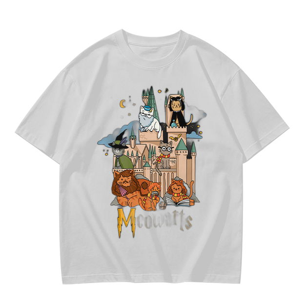 Olive T-Shirt With Whimsical Wizard Cat Castle Graphic