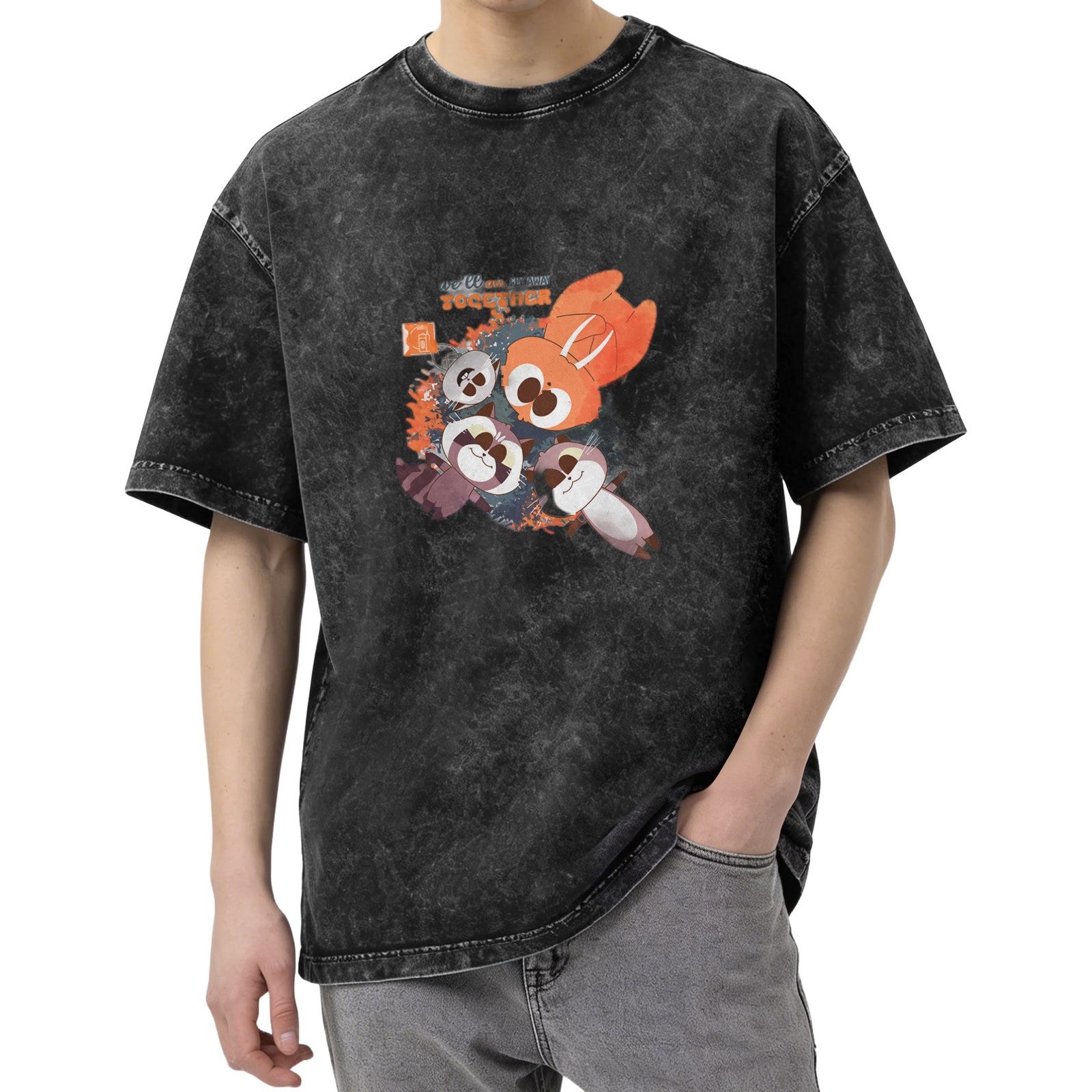 Washed Black Cartoon Animal Graphic Oversized T-shirt