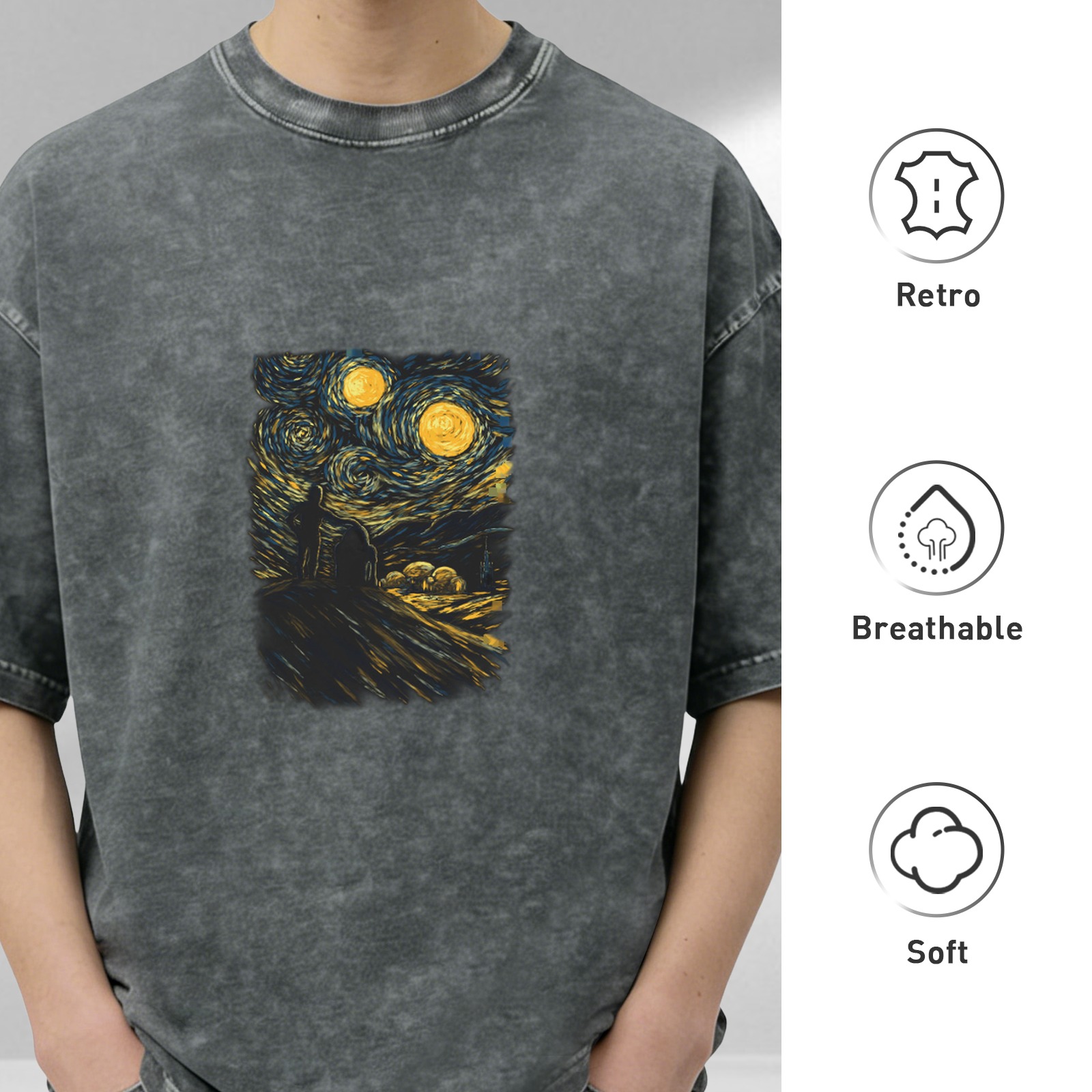 Oversized Washed T-Shirt with Starry Night Art Print
