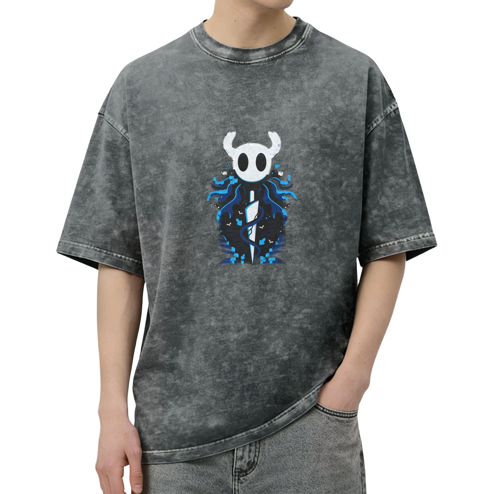 Hollow Knight themed distressed washed black short-sleeved T-shirt and game peripheral printed loose top