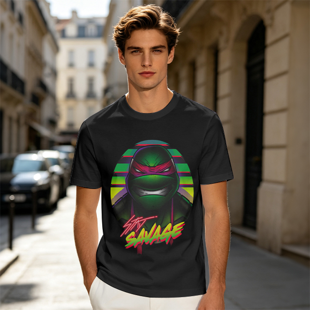 Olive T-Shirt with Retro Ninja Turtle 'Stay Savage' Graphic
