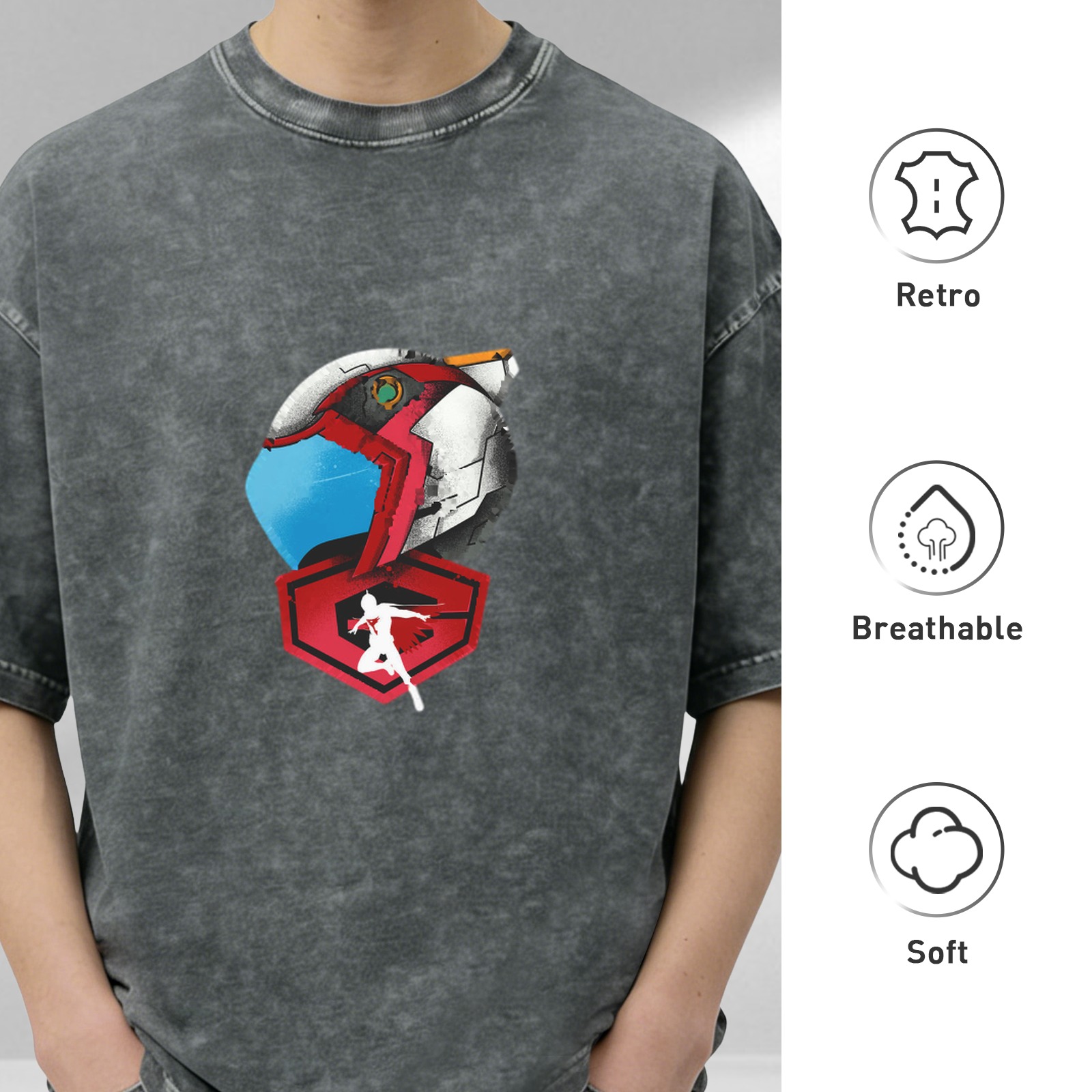 Oversized Acid Wash T-Shirt With Anime Mech Helmet Print