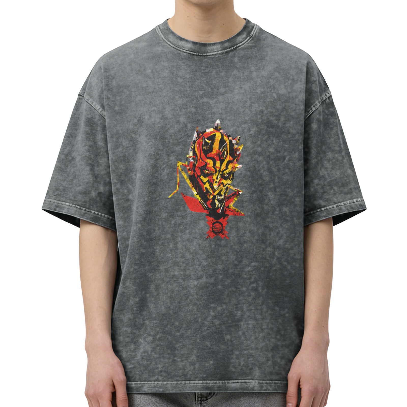 Oversized Acid Wash T-Shirt With Fiery Alien Warrior Graphic