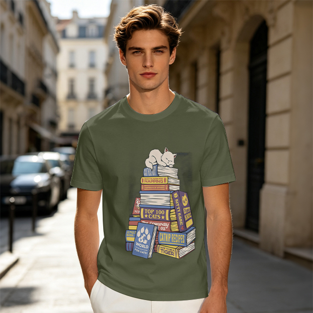 Olive T-Shirt With Sleeping Cat On Stack Of Cat Themed Books