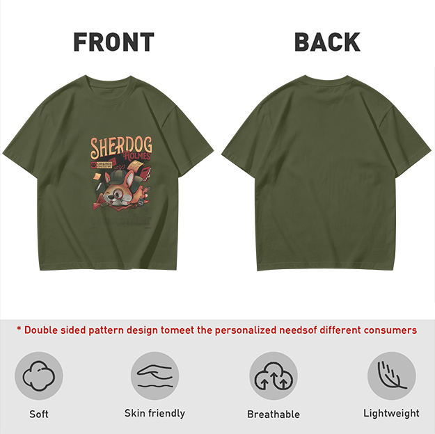 Olive T-Shirt with Sherdog Holmes Detective Dog Graphic Print