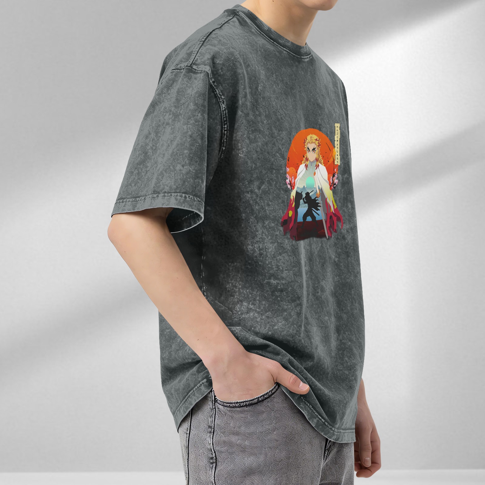 Demon Slayer Rengoku Anime Graphic Oversized Acid Wash T-Shirt
