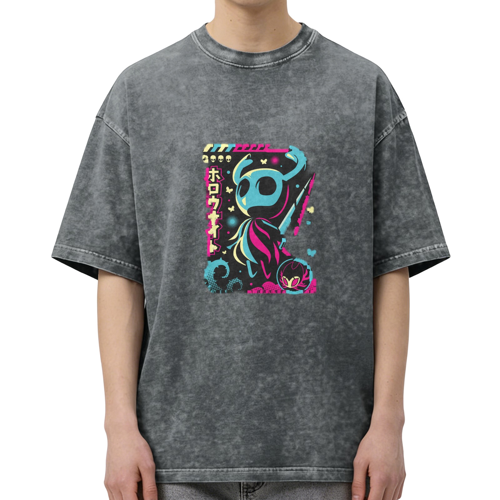 Hollow Knight Neon Graphic Acid Wash Cotton T-Shirt