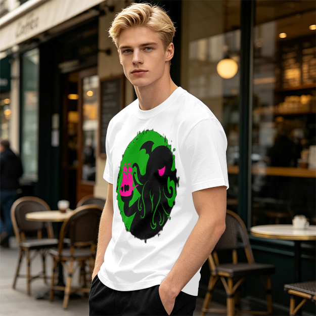Olive T-Shirt With Cthulhu Holding Pink Ship Graphic Print