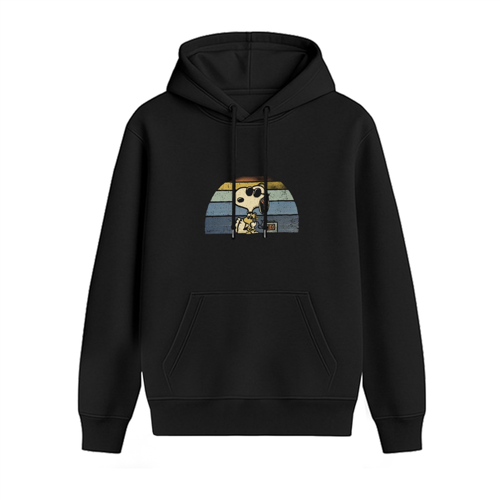 Black Hoodie with Snoopy and Woodstock Retro Sunset Graphic