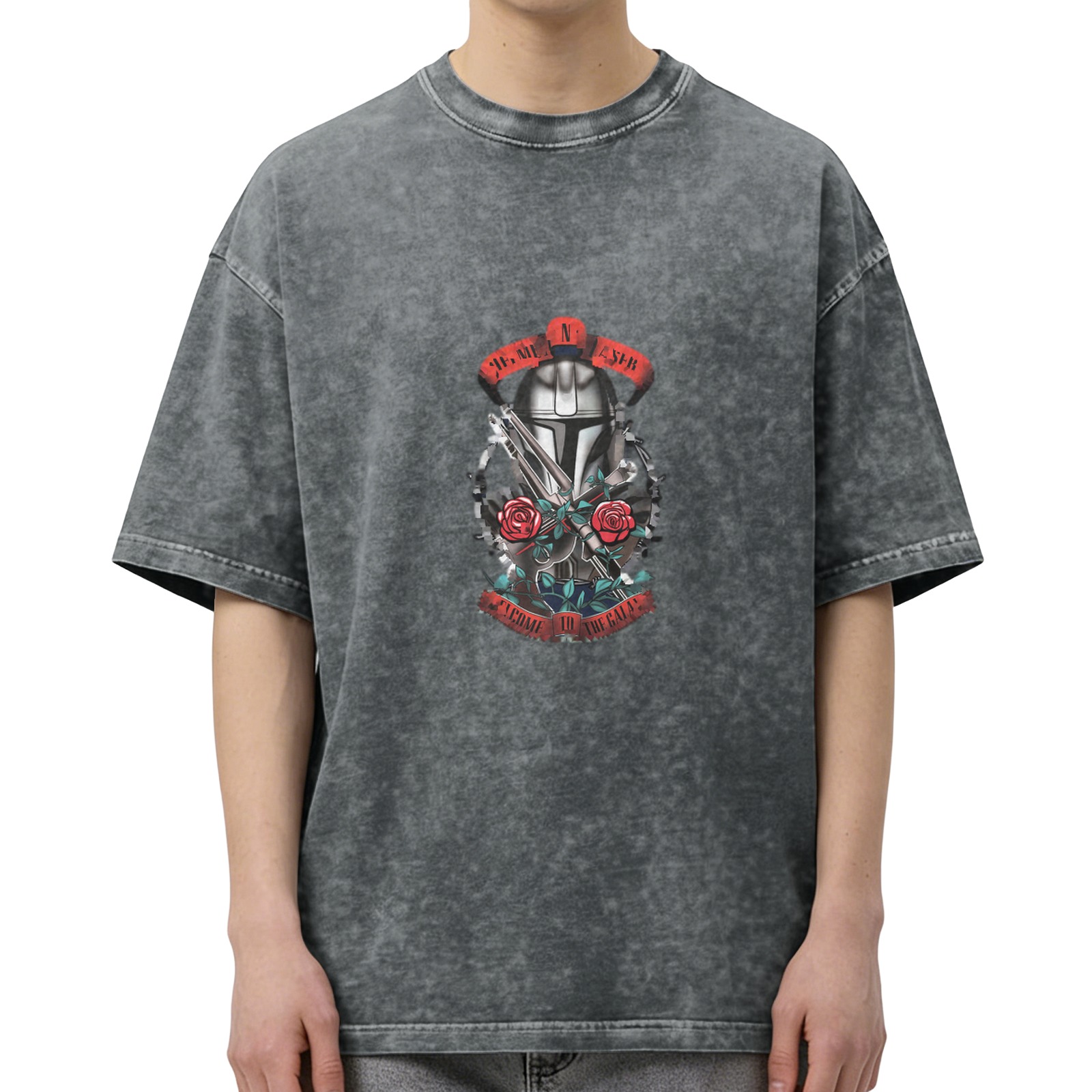 Washed Black T-Shirt With Mandalorian Helmet And Roses Graphic