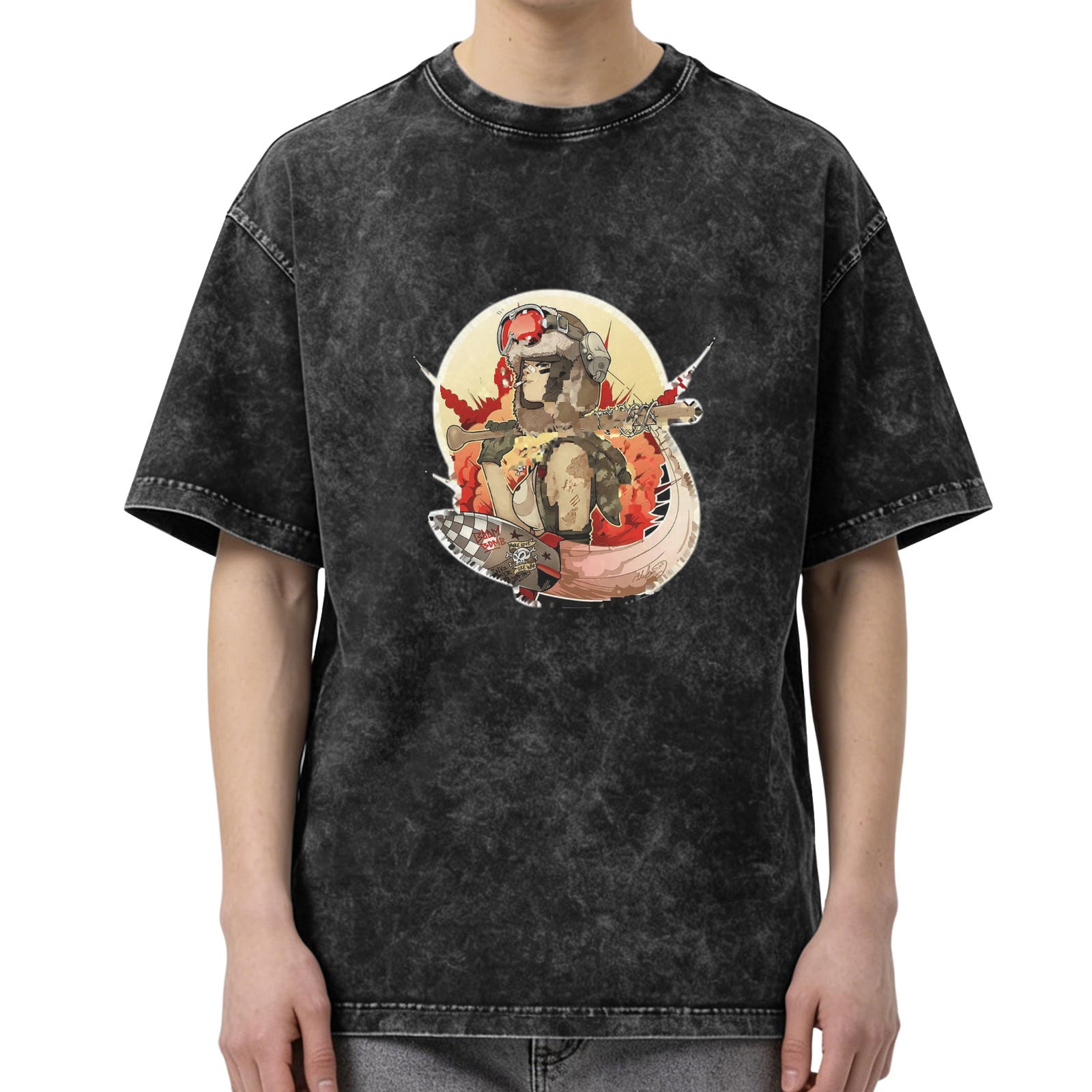 Oversized Acid Wash T-Shirt with Retro Pilot Graphic Print