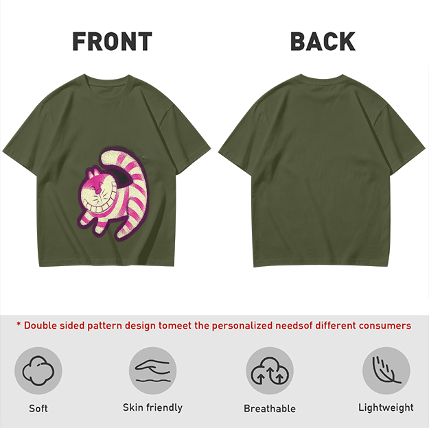 Olive T-Shirt with Cheshire Cat Graphic Print