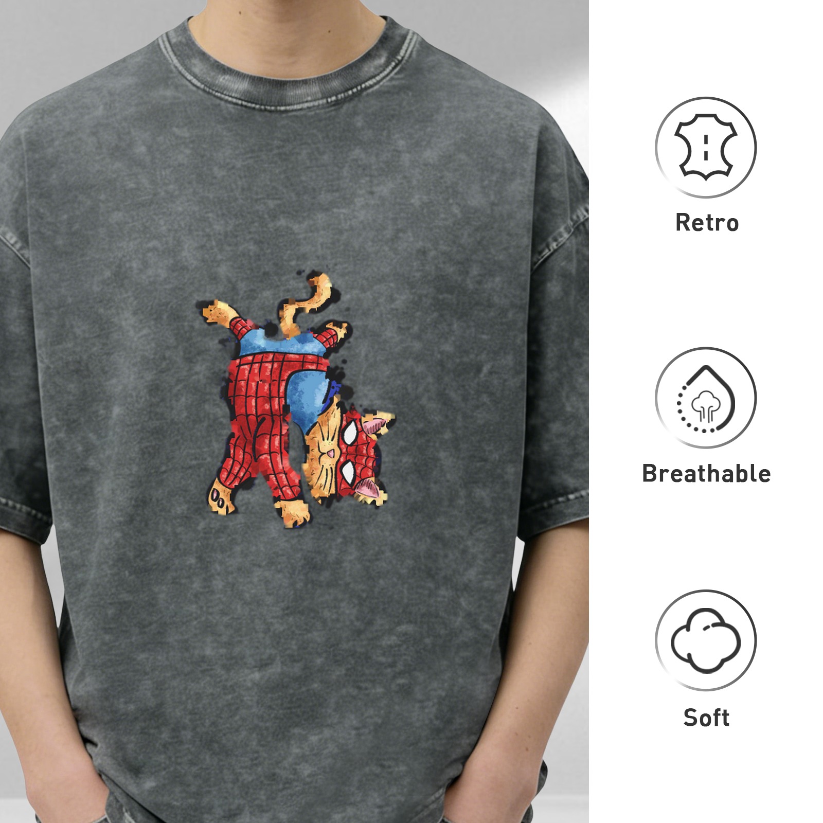 Washed Black T-Shirt With Playful Spider Cat Graphic Print