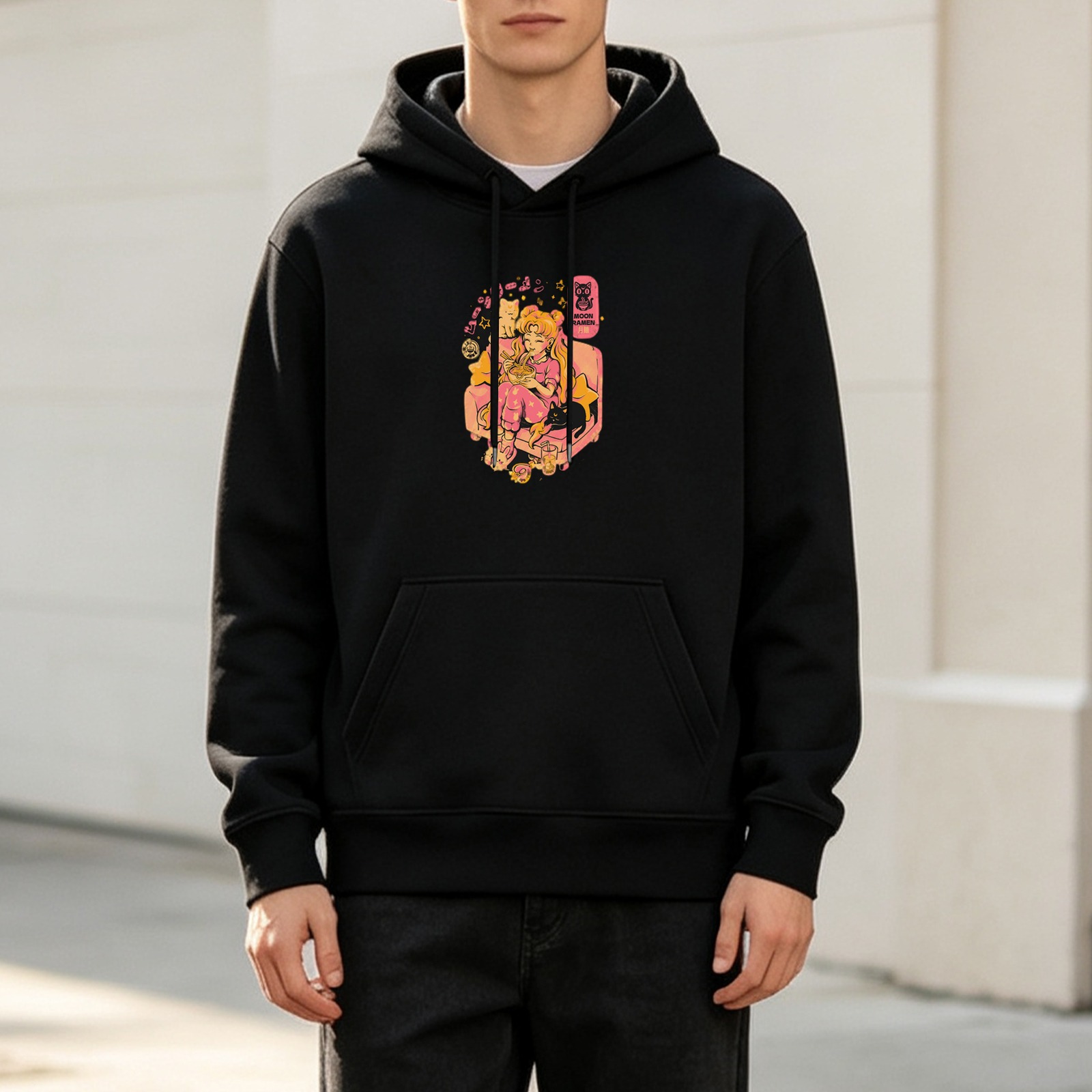 Black hoodie with anime girl and cat graphic print