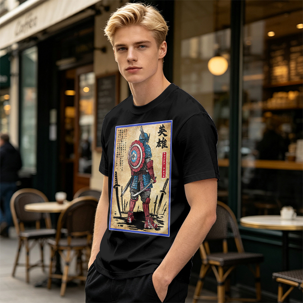 Olive T-shirt with Samurai Captain America Hero Art Print