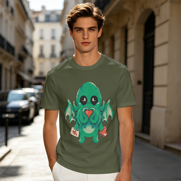Olive Green T-Shirt With Cute Love Themed Cthulhu Monster Print
