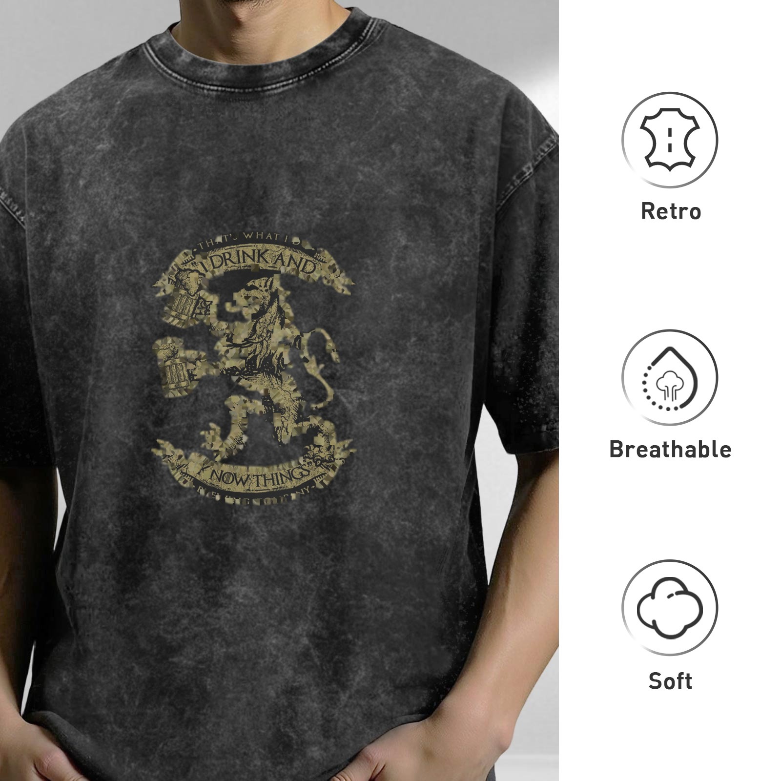 Distressed washed black round neck short-sleeved T-shirt, retro emblem lion print design, casual and loose style