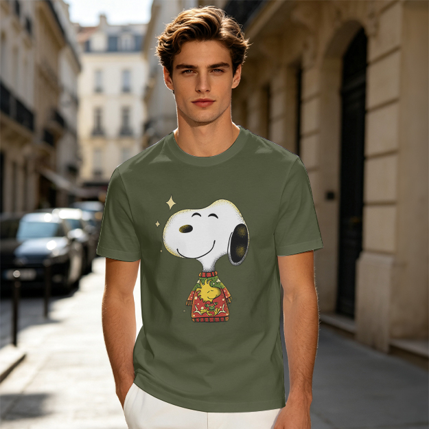 Olive T-shirt with Snoopy in Christmas Sweater Graphic