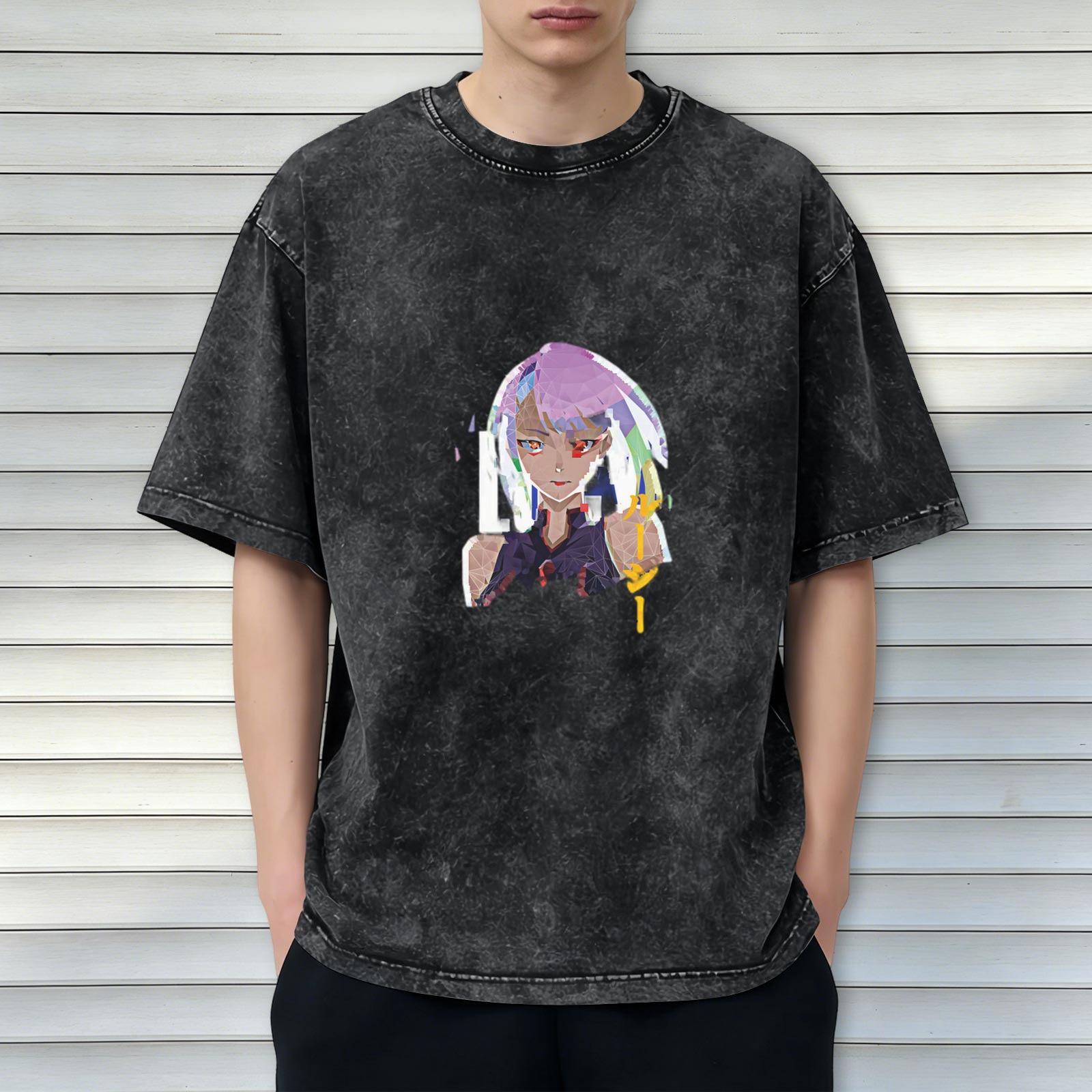 Cyberpunk Anime Character Graphic Oversized Washed Black T-Shirt