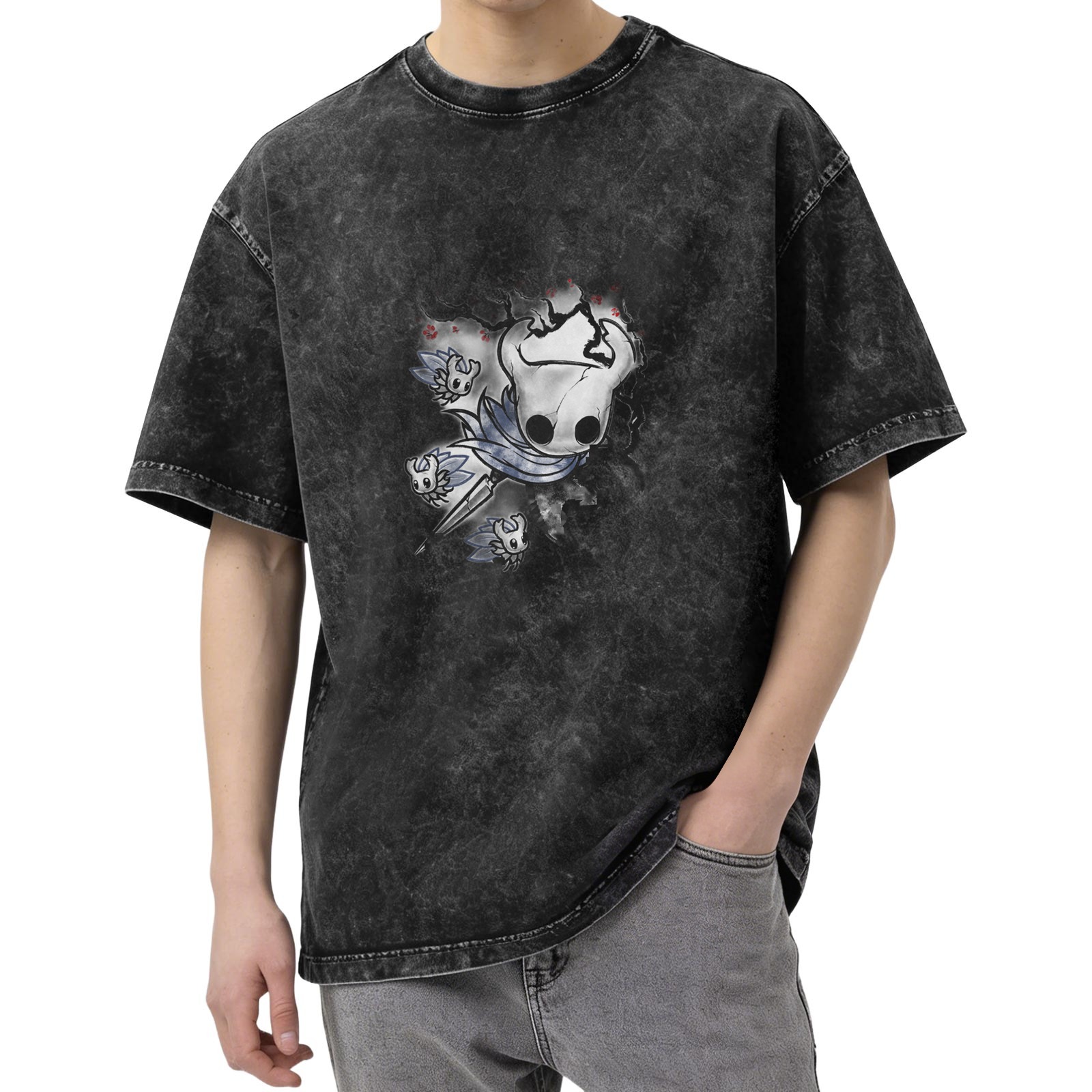 Hollow Knight Themed Dark Wash Graphic T-Shirt