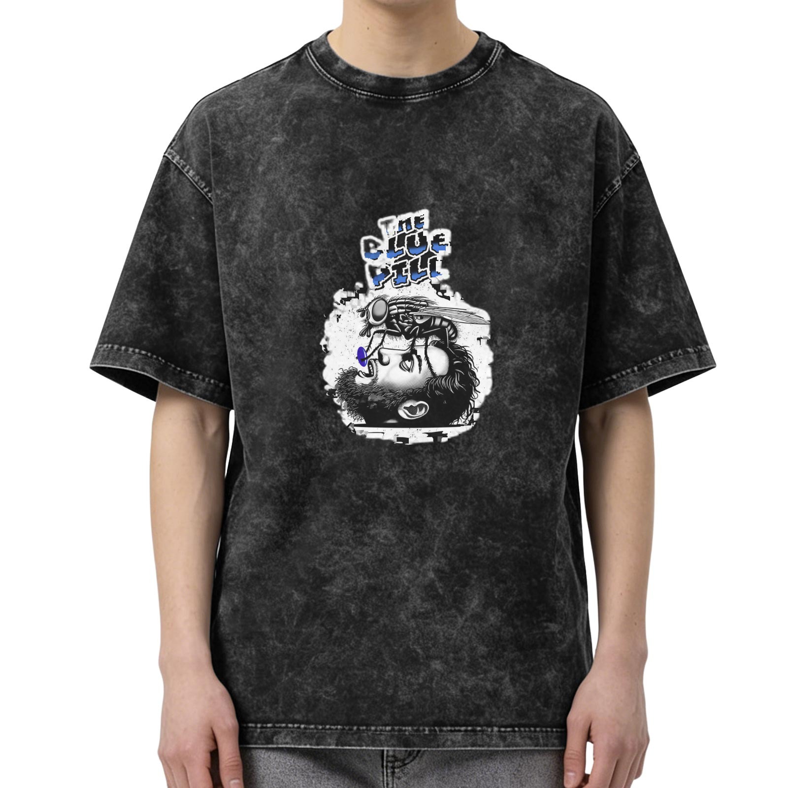 Oversized Acid Wash T-Shirt With The Blue Pill Fly Graphic Print