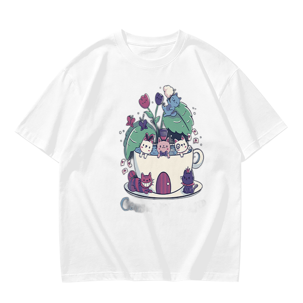 Olive T-Shirt With Whimsical Teacup Kitten Garden Print