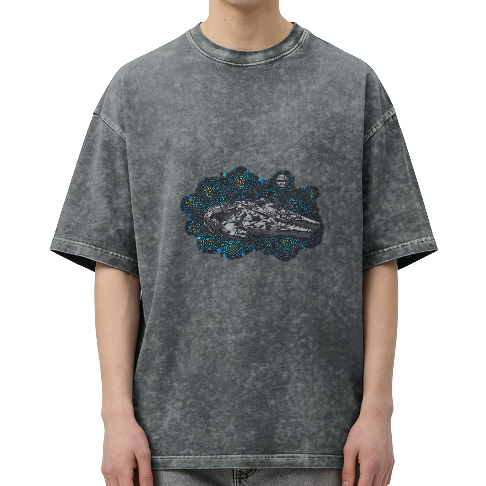 Distressed black Star Wars Millennium Falcon graphic short-sleeved T-shirt