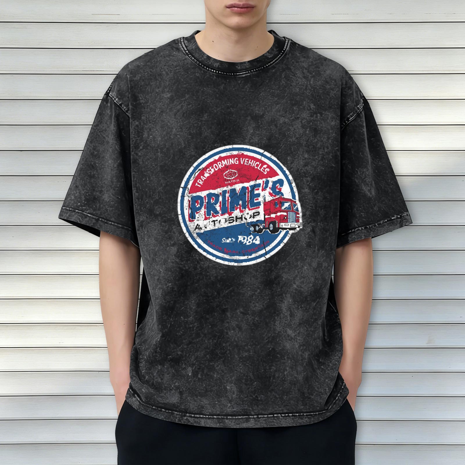 Oversized Vintage Wash T-Shirt with 'Prime's Auto Shop Transforming Vehicles' Graphic Print