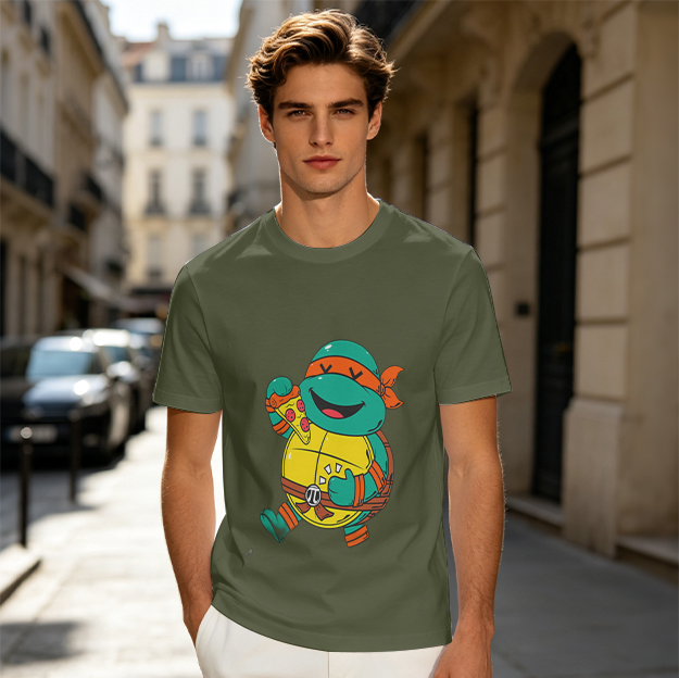 Olive T-shirt with cartoon ninja turtle holding pizza graphic