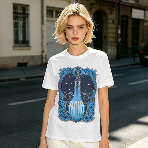Olive T-Shirt With Art Nouveau Celestial Lute Graphic Print