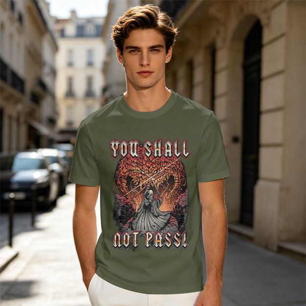 Olive T-Shirt with You Shall Not Pass Fantasy Art Print