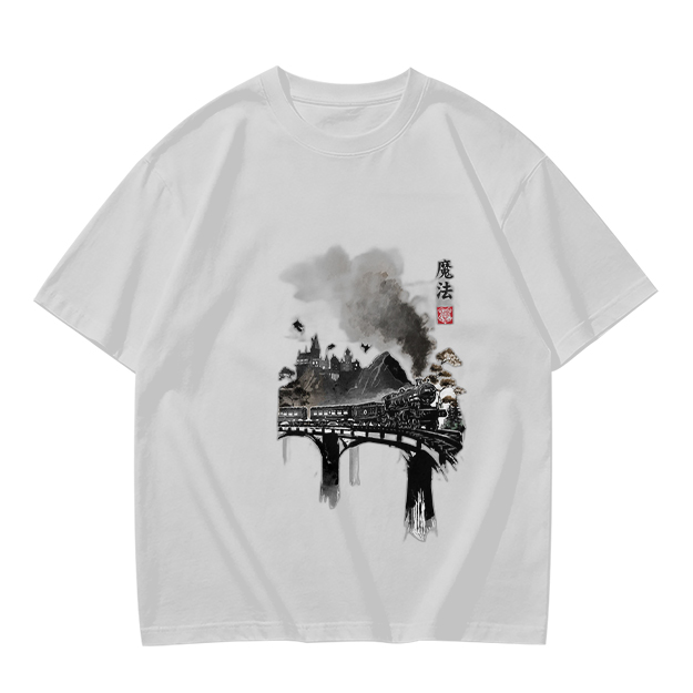 Olive green t-shirt with ink-style piano and landscape graphic