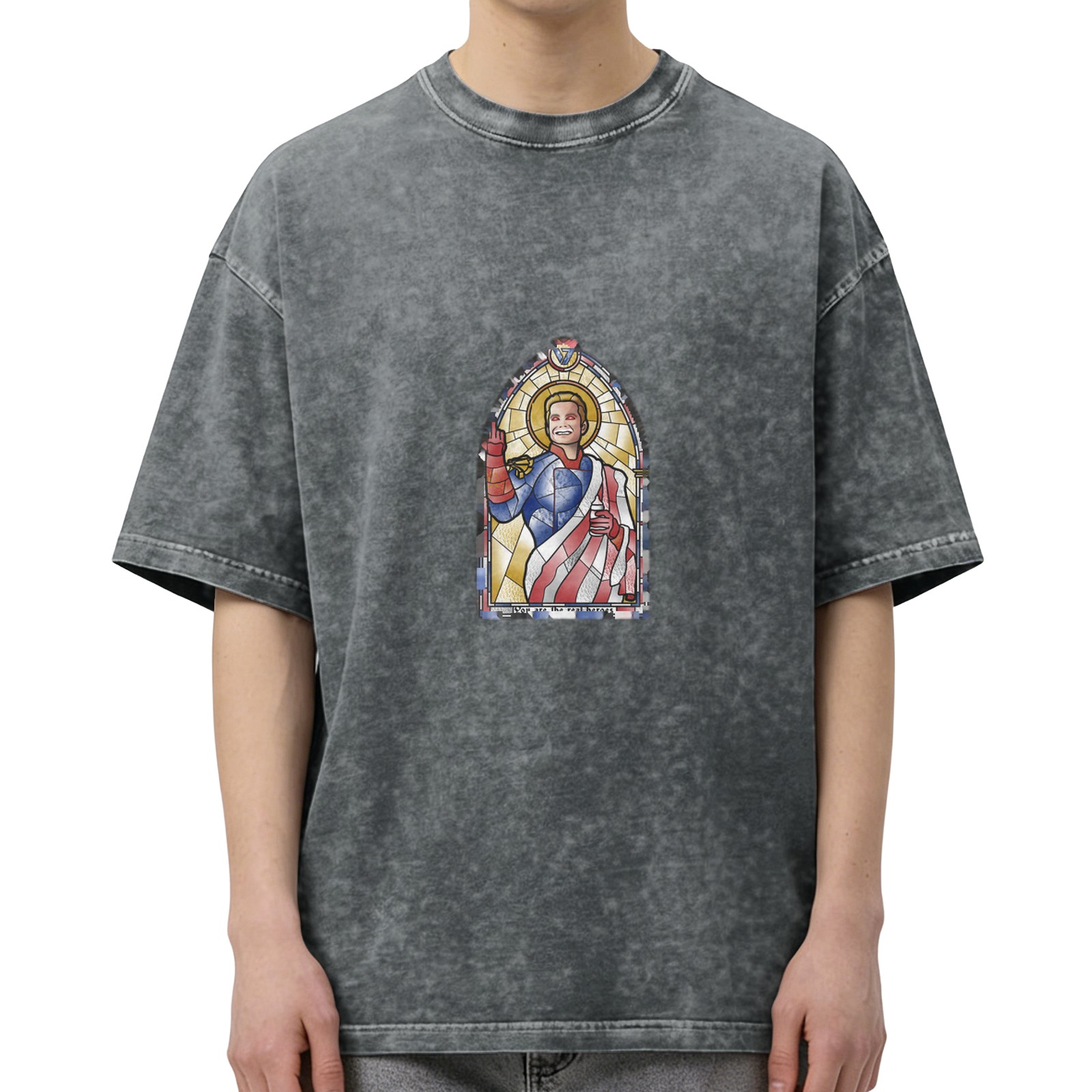 Washed black t-shirt with stained glass style superhero print