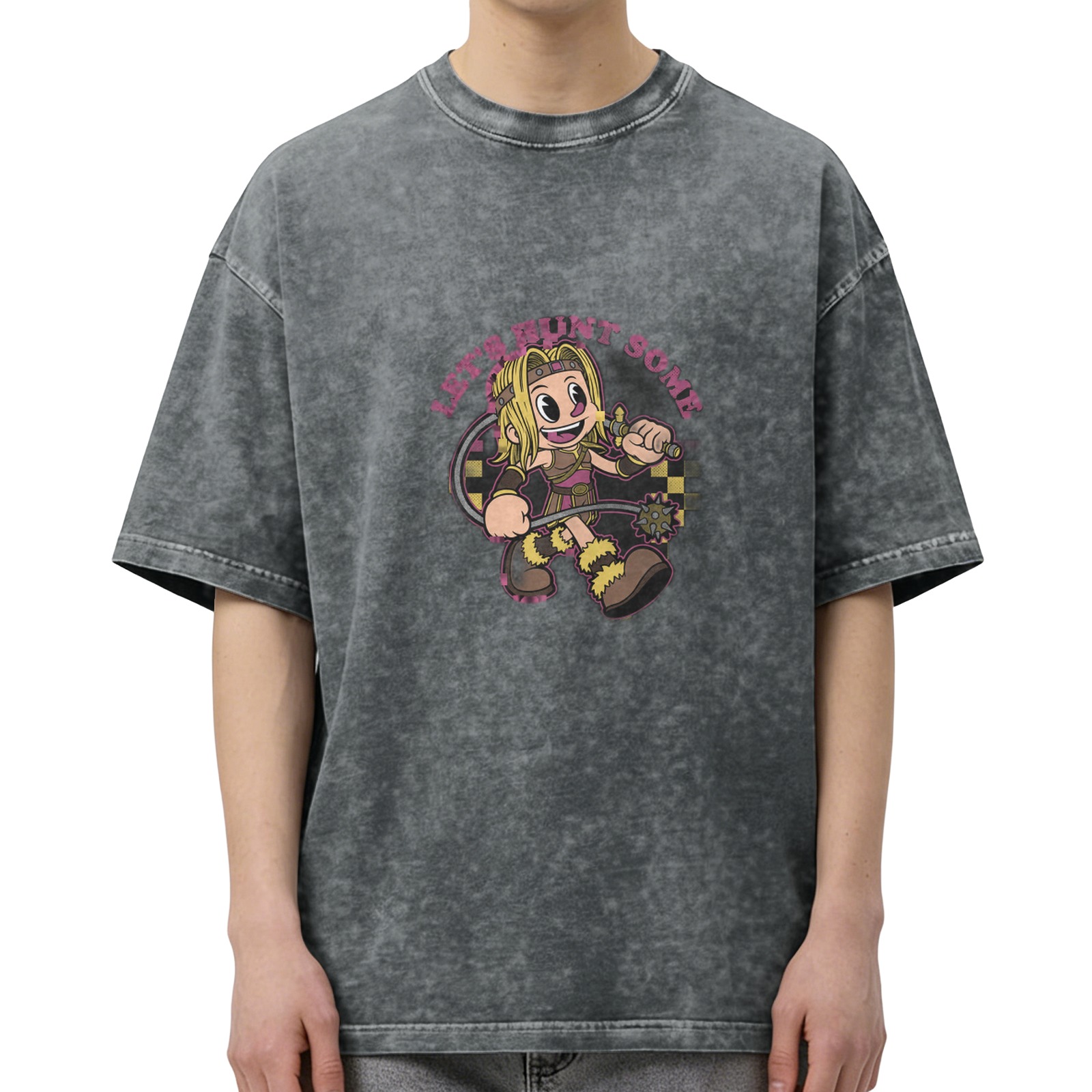 Washed black graphic t-shirt with cartoon warrior and 'LET'S HUNT SOME' text